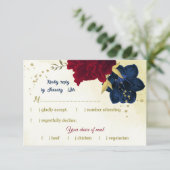 Navy Red Flowers Gouden bladeren RSVP Kaartje (Staand voorkant)