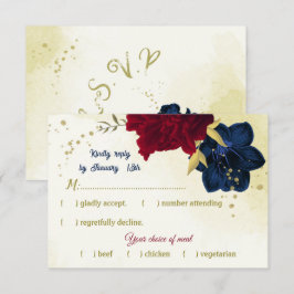 Navy Red Flowers Gouden bladeren RSVP Kaartje