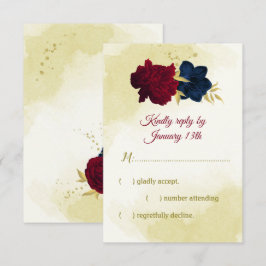 Navy Red Flowers Gouden bladeren RSVP Kaartje
