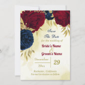 Navy Red Flowers Gouden bladeren Save The Date (Voorkant)