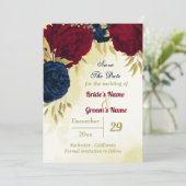 Navy Red Flowers Gouden bladeren Save The Date (Staand voorkant)