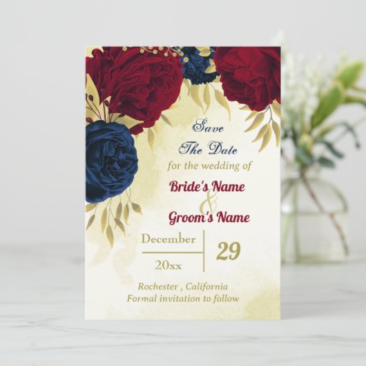 Navy Red Flowers Gouden bladeren Save The Date (Staand voorkant)