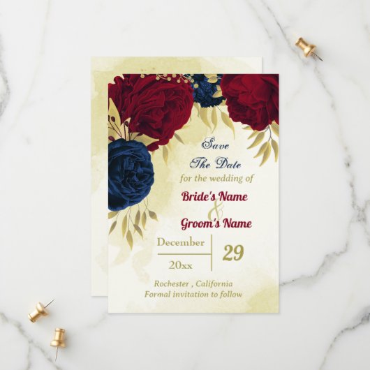 Navy Red Flowers Gouden bladeren Save The Date (Voorkant / Achterkant in situ)