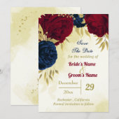 Navy Red Flowers Gouden bladeren Save The Date (Voorkant / Achterkant)