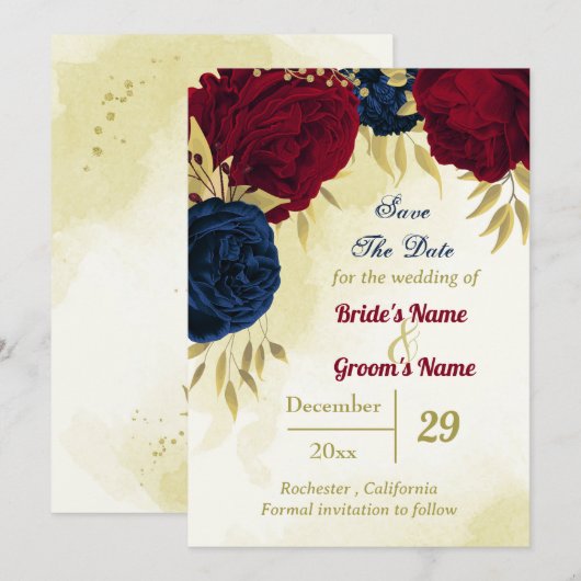 Navy Red Flowers Gouden bladeren Save The Date (Voorkant / Achterkant)
