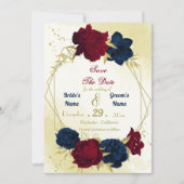 Navy Red Flowers Gouden bladeren Save The Date (Voorkant)