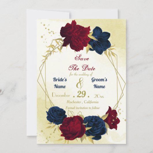 Navy Red Flowers Gouden bladeren Save The Date (Voorkant)