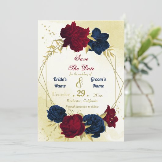 Navy Red Flowers Gouden bladeren Save The Date (Staand voorkant)