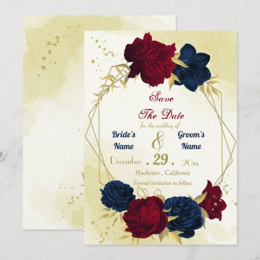 Navy Red Flowers Gouden bladeren Save The Date (Voorkant / Achterkant)