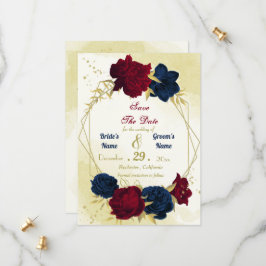 Navy Red Flowers Gouden bladeren Save The Date