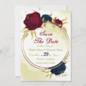 Navy Red Flowers Gouden bladeren Save The Date (Voorkant)
