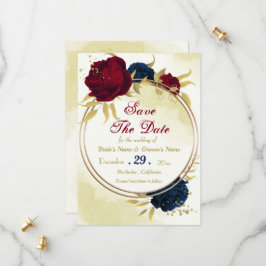 Navy Red Flowers Gouden bladeren Save The Date
