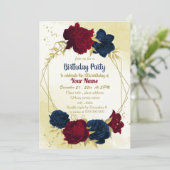 Navy Red Flowers Gouden bladeren Verjaardag Kaart (Staand voorkant)