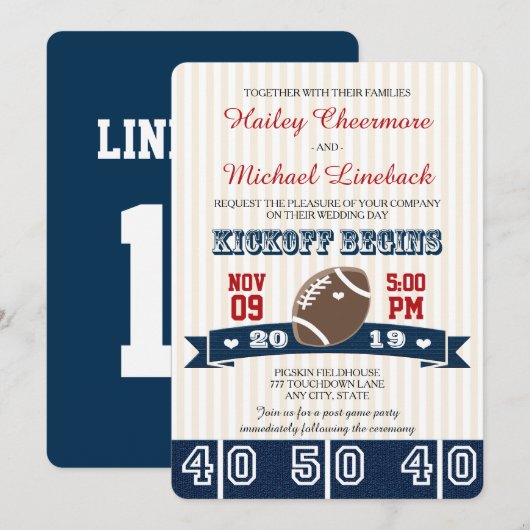 Navy Red FOOTBALL WEDDING Kaart (Voorkant / Achterkant)