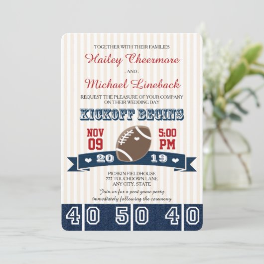 Navy Red FOOTBALL WEDDING Kaart (Staand voorkant)