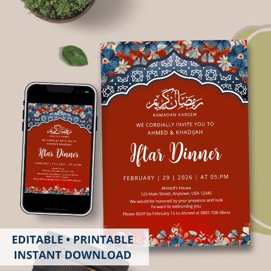 Navy Red Geometric Ramadan Iftar Dinner Invitation Kaart