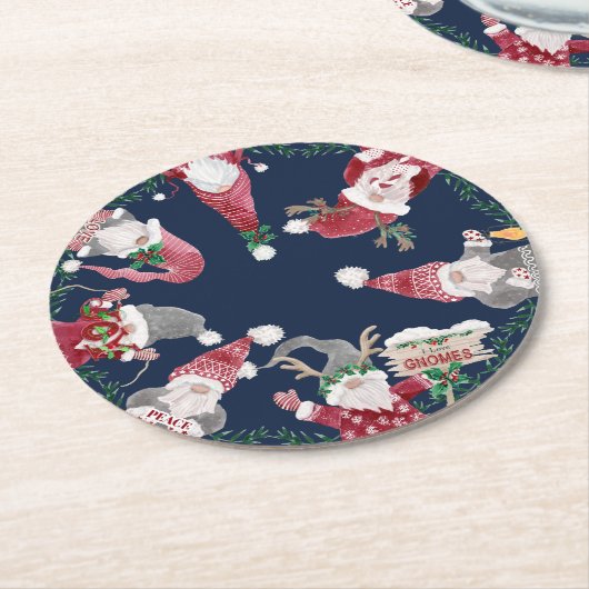 Navy Red Gnomes Christmas Waterverf Holly Foliage Ronde Kartonnen Onderzetter (Gebogen)