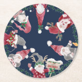 Navy Red Gnomes Christmas Waterverf Holly Foliage Ronde Kartonnen Onderzetter (Voorkant)