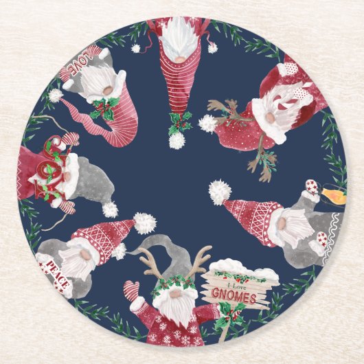 Navy Red Gnomes Christmas Waterverf Holly Foliage Ronde Kartonnen Onderzetter (Voorkant)