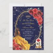 Navy Red Gold Enchanted Roos Quinceañera Party Kaart (Voorkant)