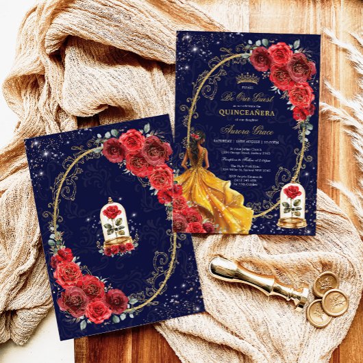 Navy Red Gold Enchanted Roos Quinceañera Party Kaart