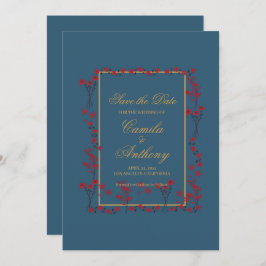 Navy Red Gold Floral Border Bruiloft Save The Date Kaart