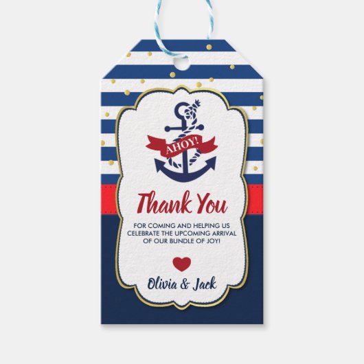 Navy Red Gold Nautical Ahoy Anker Baby shower Cadeaulabel (Voorkant)