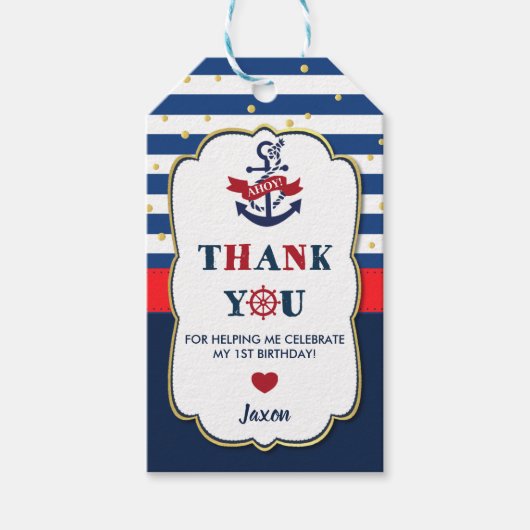 Navy Red Gold Nautical Ahoy Anker Verjaardagsfeest Cadeaulabel (Voorkant)