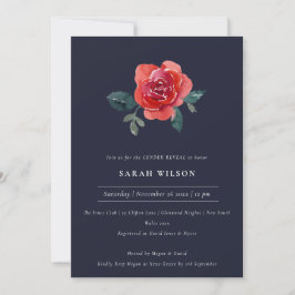 NAVY RED GREEN ROOS FLORAL GENDER REVEAL INVITE BEDANKKAART