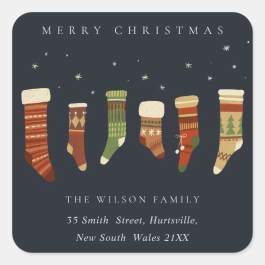 NAVY RED GREEN STAR CHIRSTMAS STOCKINGS ADRES VIERKANTE STICKER (Voorkant)