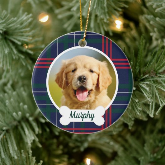 Navy Red Green Tartan Pset Custom Dog Foto Keramisch Ornament (Boom)