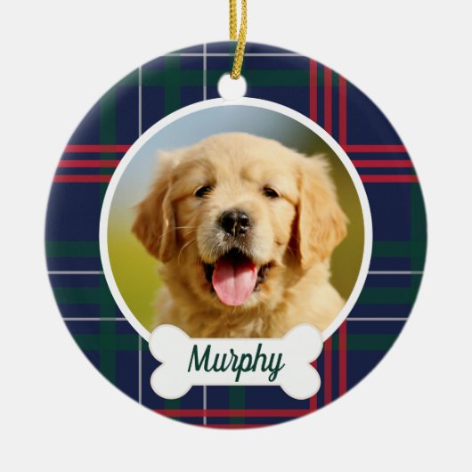 Navy Red Green Tartan Pset Custom Dog Foto Keramisch Ornament (Voorkant)
