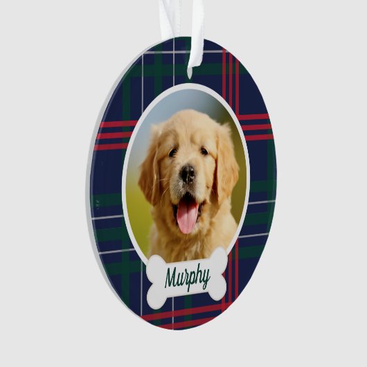 Navy Red Green Tartan Pset Custom Dog Foto Ornament (voorkant)