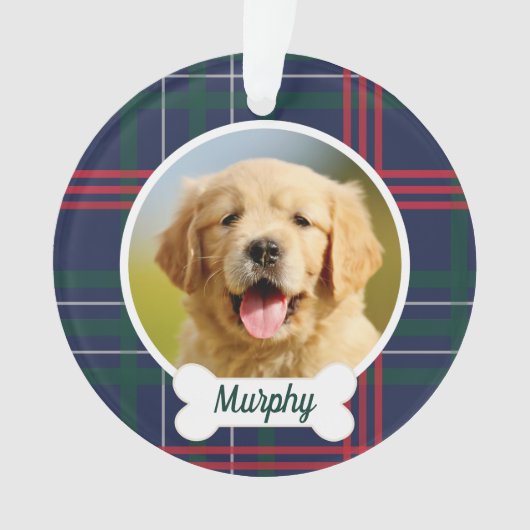 Navy Red Green Tartan Pset Custom Dog Foto Ornament (voorkant)