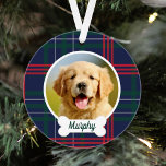 Navy Red Green Tartan Pset Custom Dog Foto Ornament<br><div class="desc">The perfect day decoration for the dog lovers in your family! Stylish and festive foliday ornament features a favorite foto of your puppy dog with a dog bone name plate that can be personalized with their name and a classic navy blue, hunter green and red Scottish tartan plaid patterned background....</div>