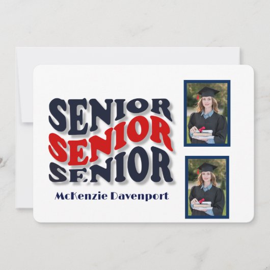Navy Red Groovy Senior 2 Photo Collage Afstuderen Kaart (Voorkant)
