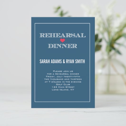 Navy Red Heart Wedding Rehearsal Dinner Invites Kaart (Staand voorkant)