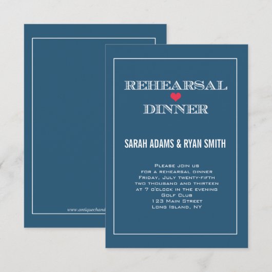 Navy Red Heart Wedding Rehearsal Dinner Invites Kaart (Voorkant / Achterkant)