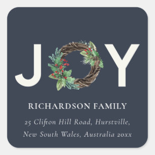 NAVY RED HOLLY BERRY JOY WREATH CHRISTMAS ADRES VIERKANTE STICKER