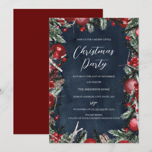 Navy Red Kerstmis met feestelijke Floral Kaart (Voorkant / Achterkant)