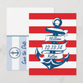 Navy/Red Nautical Theme Save the Date Briefkaart (Voorkant / Achterkant)