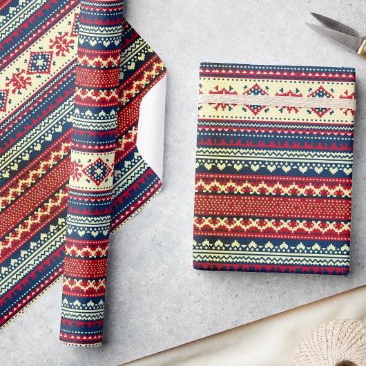 Navy Red Nordic Ugly Christmas Sweater Gift Wrap Cadeaupapier