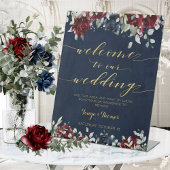 Navy Red Peony Gold Calligraphy Welcome Weddenscha Reclamebord Met Voetstuk