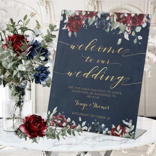 Navy Red Peony Gold Calligraphy Welcome Weddenscha Reclamebord Met Voetstuk