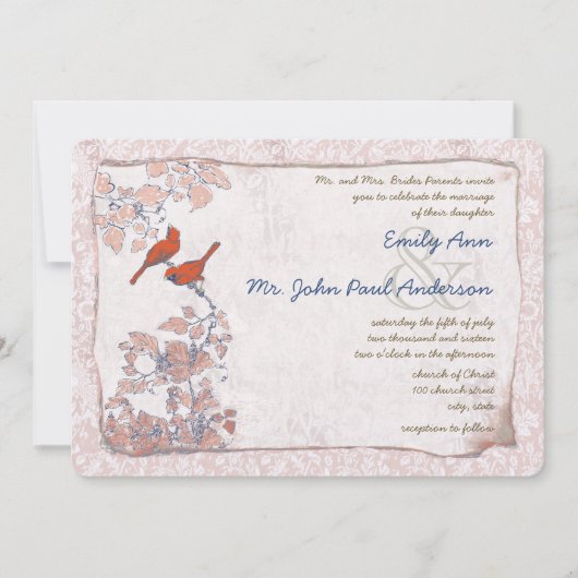 Navy Red Pink  Birds Damask Wedding Invite Kaart (Voorkant)