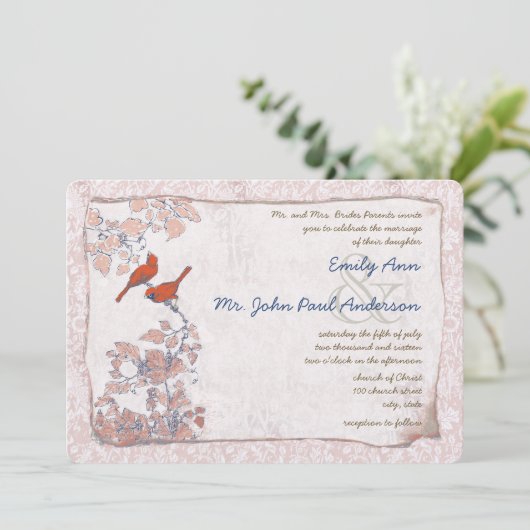 Navy Red Pink  Birds Damask Wedding Invite Kaart (Staand voorkant)