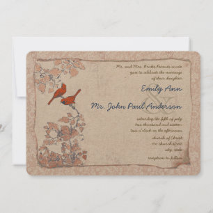 Navy Red Pink  Birds Damask Wedding Invite Kaart