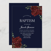 Navy & Red Rose Baptism Boy of Girl Invite Kaart (Voorkant / Achterkant)