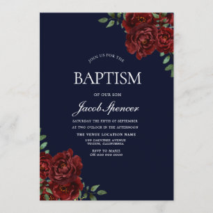Navy & Red Rose Baptism Boy of Girl Invite Kaart