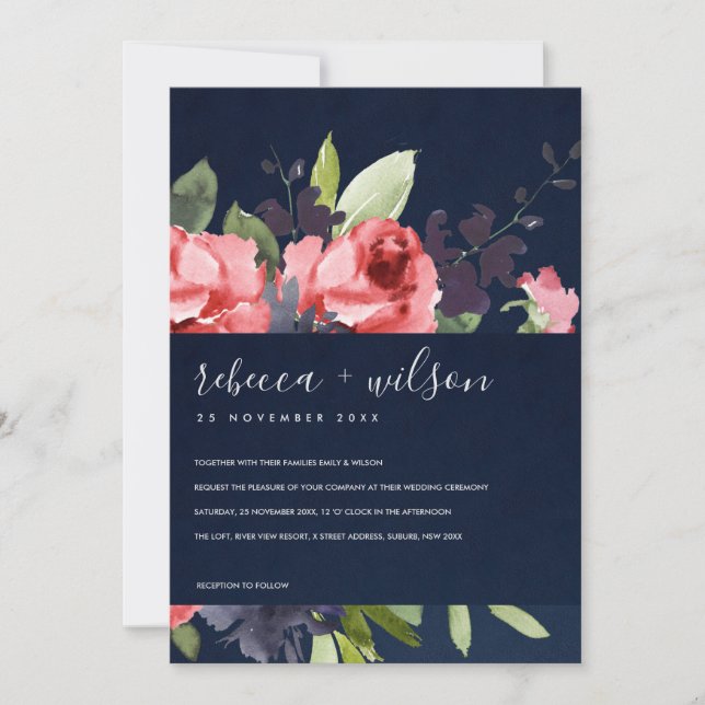 NAVY RED ROSE PEONY FLORA WATERVERF BUNCH WEDING (Voorkant)